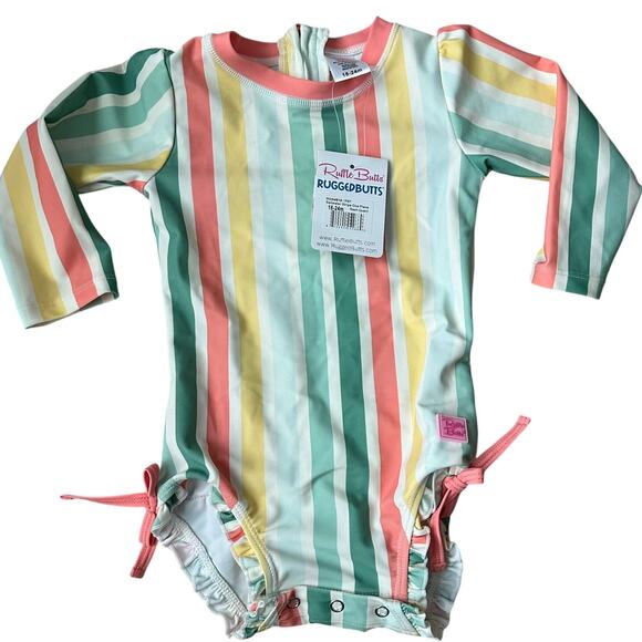 Ruffle Butts Girls Saltwater Stripe Multicolor One Piece RashGuard Sz 18-24M NWT - Picture 1 of 5